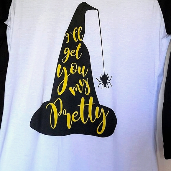 "I'll Get You My Pretty" Black & White Raglan Shirt Small Witch Hat Wizard of Oz - Picture 3 of 3